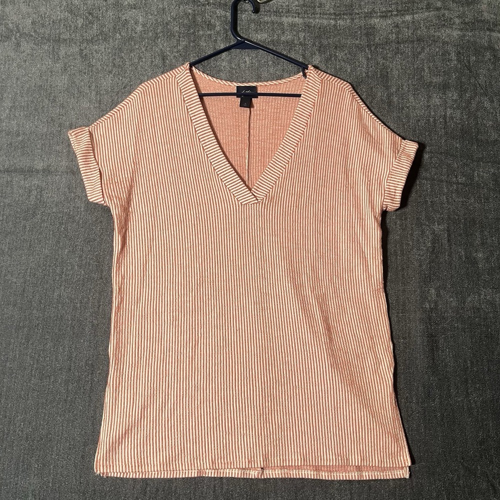 Daytrip Women Small Top Coral Pink White Striped Ribbed V-Neck Short Sleeve S